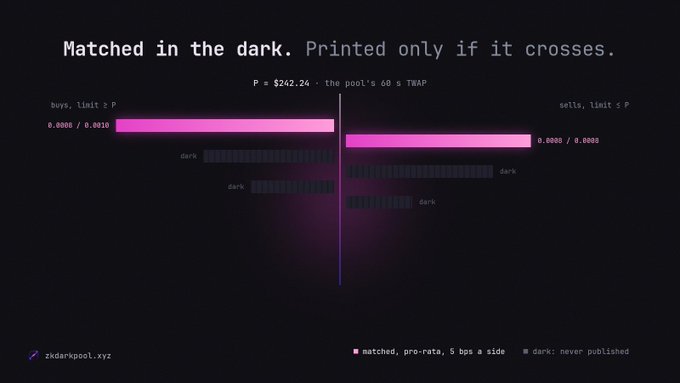 A dark-themed financial chart interface titled 'Matched in the dark' showing buy and sell order bars with a price of P = $242.24 and TWAP reference.