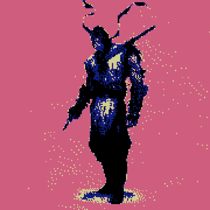 A pixelated, dark silhouetted figure stands against a bright pink background with yellow speckles.