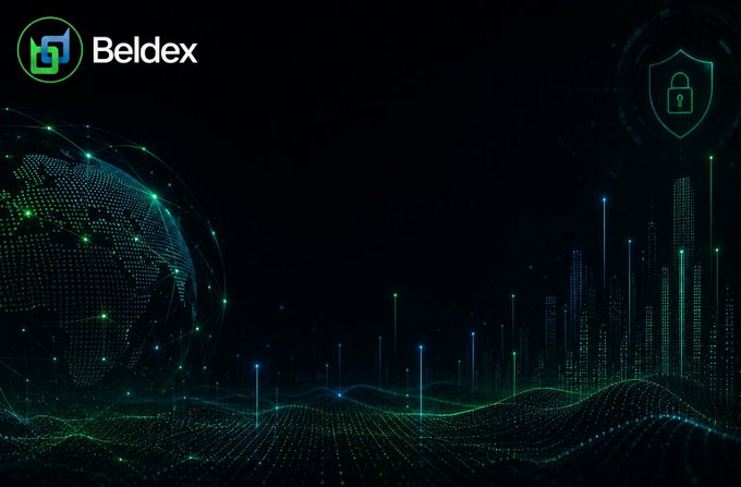 A dark digital graphic for 'Beldex' featuring a globe made of green dots, data visualization lines, and a shield lock icon.