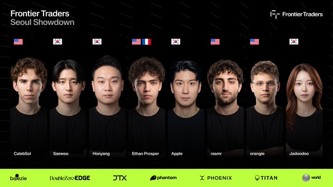 Promotional graphic for 'Frontier Traders Seoul Showdown' featuring eight headshots of competitors (CalebSol, Saewoo, Honyang, Ethan Prosper, Apple, rasmlr, orange, Jadoodoo) with their respective country flags and sponsor logos including Brezzie, JTX, phantom, PHOENIX, TITAN, and world.