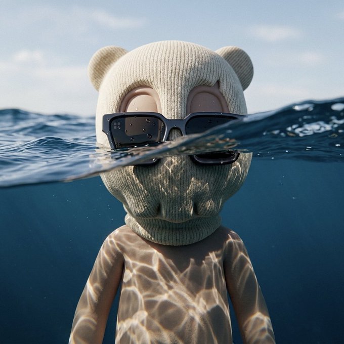 A surreal, digitally-rendered image of a person wearing a white knitted bear balaclava and black sunglasses, partially submerged in ocean water with the horizon visible in the background.