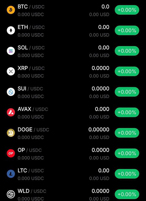 xtrp, xrdc, usdc, avax, domg, usdc, op, ltc, wldc are listed on a black background with green buttons and icons.