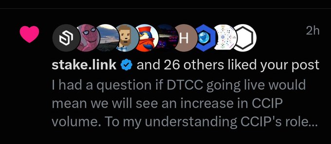 An Instagram notification showing that 'stake.link' (verified) and 26 others liked a post about whether DTCC going live would increase CCIP volume.