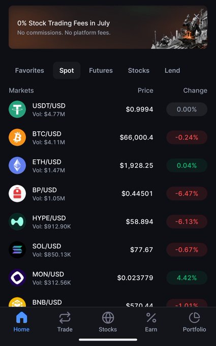 A cryptocurrency trading app screenshot showing a '0% Stock Trading Fees in July' promotion with market prices for USDT, BTC, ETH, BP, HYPE, SOL, MON, and BNB.