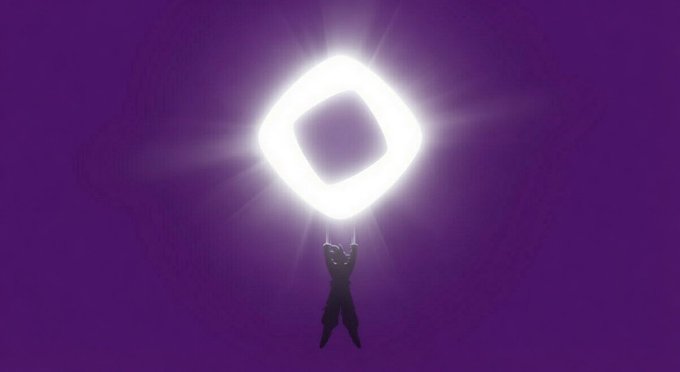 A silhouetted figure reaches up toward a glowing white diamond-shaped logo against a purple background, evoking the iconic Pokémon Master Ball imagery reimagined in a stylized, ethereal light. The visual ties directly to "monad will win" by framing the Monad blockchain symbol as a powerful, mystical emblem being claimed or summoned by a determined individual.