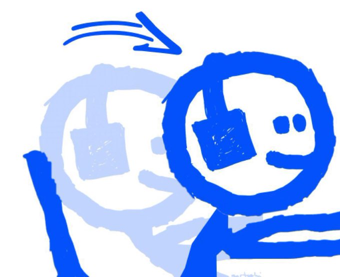 A blue digital doodle drawing depicting a smiling figure with an eye icon overlaid, accompanied by a directional arrow, on a white background.