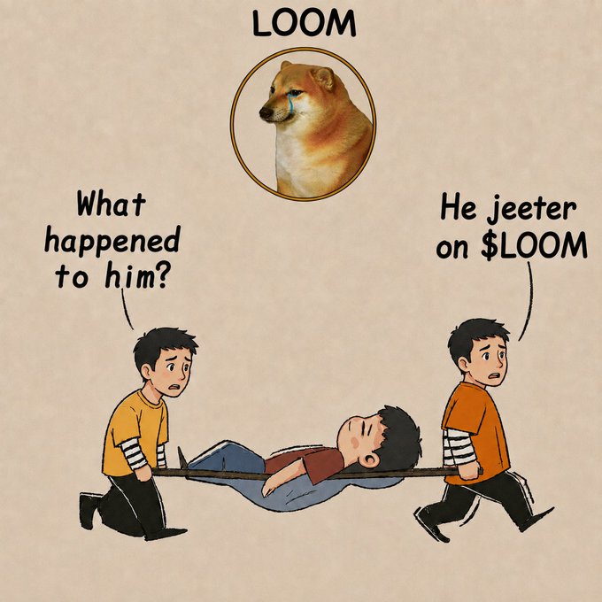 A meme illustration depicting a sad dogecoin under the label 'LOOM', with two boys carrying an injured friend, captioned 'What happened to him?' and 'He jeeted on $LOOM'.