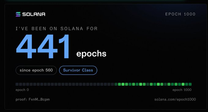 A Solana blockchain stats page celebrates 'EPOCH 1000', showing the user has been on Solana for '441 epochs' since epoch 560 with a 'Survivor Class' badge.