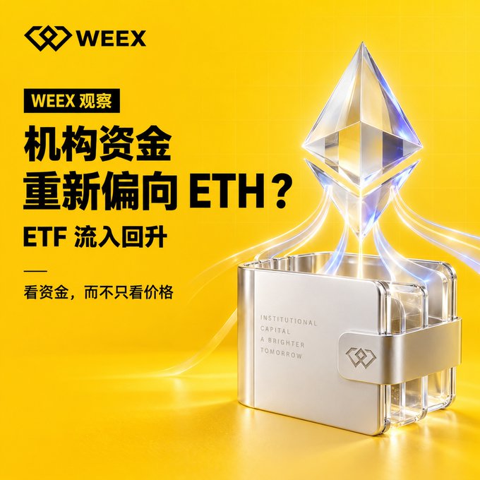 A WEEX advertisement features an Ethereum logo on a glass cube with text in Chinese asking '机构资金重新偏向 ETH?' (Is institutional money shifting back to ETH?) and noting ETF inflows.