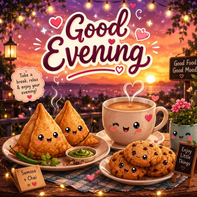 A colorful 'Good Evening' greeting graphic featuring kawaii-style samosas, a smiling cup of chai, and cookies, with notes saying 'Take a break, relax & enjoy your evening!' and 'Samosa + Chai = ❤️'.