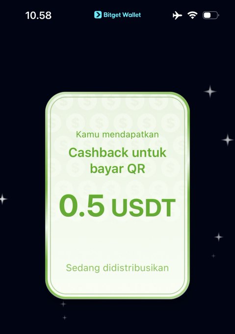 A mobile screenshot from the "Bitget Wallet" app showing a notification that reads "Kamu mendapatkan Cashback untuk bayar QR 0.5 USDT Sedang didistribusikan".