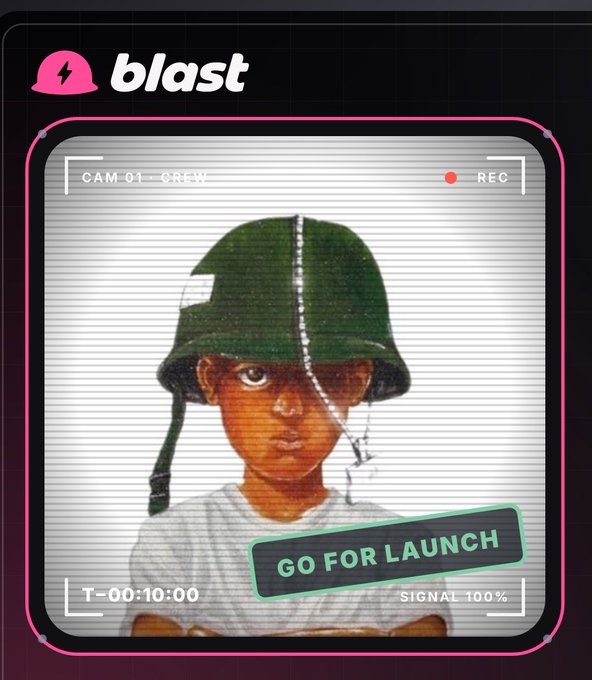 An image styled like a video camera viewfinder with 'CAM 01 - CREW' and 'REC' indicators shows a young child wearing an oversized green military helmet, with 'GO FOR LAUNCH' and 'blast' branding visible.