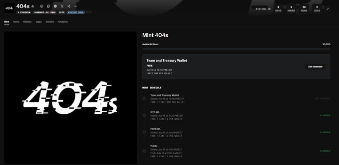 A screenshot of a website interface for '404s' showing mint schedule information, with details about 'Team and Treasury Wallet' and 'FC27 WL' sale phases.