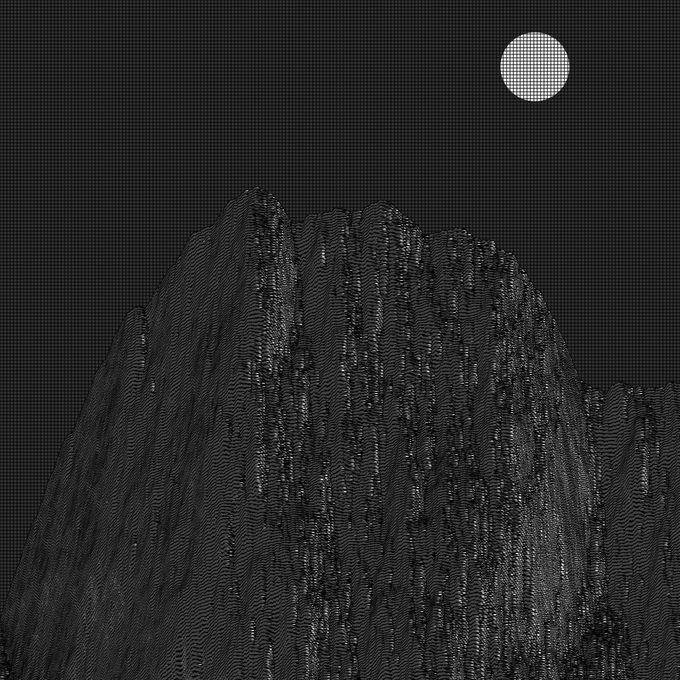 Digital artwork depicting a rocky mountain peak with white text on a dark gray background alongside a small white circle in the upper right.