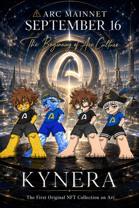 Promotional poster for "KYNERA - The First Original NFT Collection on Arc," announcing the "Arc Mainnet September 16 - The Beginning of Arc Culture," featuring four stylized cartoon characters standing before a futuristic cityscape. The image visually reinforces the post's announcement by highlighting Kynera's status as the pioneering NFT collection deployed during Arc's private Mainnet beta, ready for the upcoming public launch.