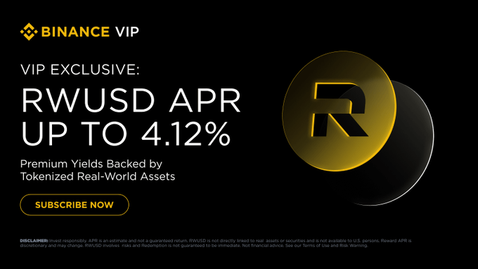 A Binance VIP promotional banner advertises 'RWUSD APR UP TO 4.12%' with premium yields backed by tokenized real-world assets.