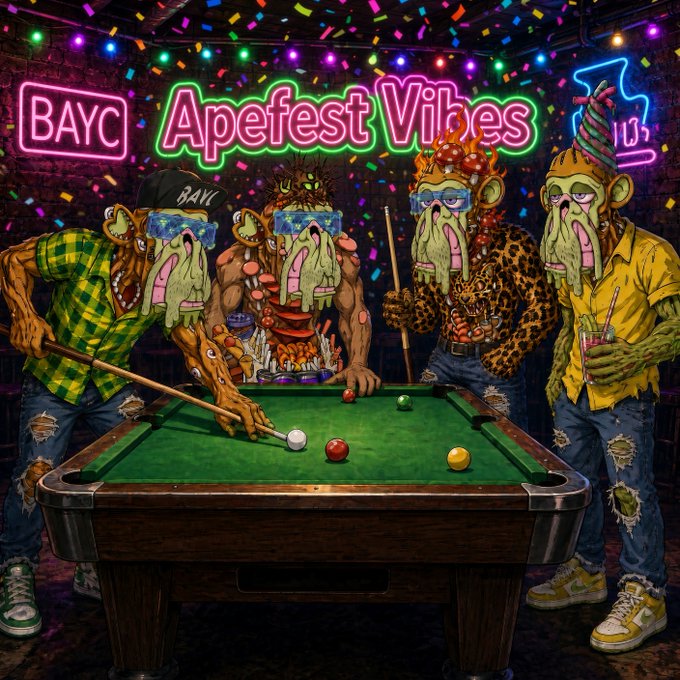 Vibrant digital artwork titled 'BAYC Apefest Vibes' featuring four stylized Bored Ape Yacht Club NFT characters playing pool in a neon-lit room with confetti falling.