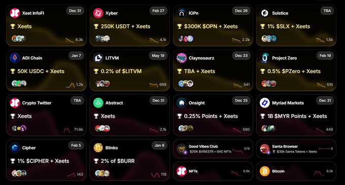 A dark-themed dashboard displaying 16 project cards (including Xeet InfoFI, XYBER, IOPN, Solstice, ADI Chain, LITVM, Claynosaurz, Project Zero, Crypto Twiiter, Abstract, Onsight, Myriad Markets, Cipher, Blinko, Good Vibes Club, Santa Browser, NFTs, and Bitcoin) with reward amounts in Xeets and USDT/USDC alongside participation metrics, illustrating the Q4 2025 Claynosaurz x NS tournament leaderboard with the HEEBOO allocation giveaway being promoted.