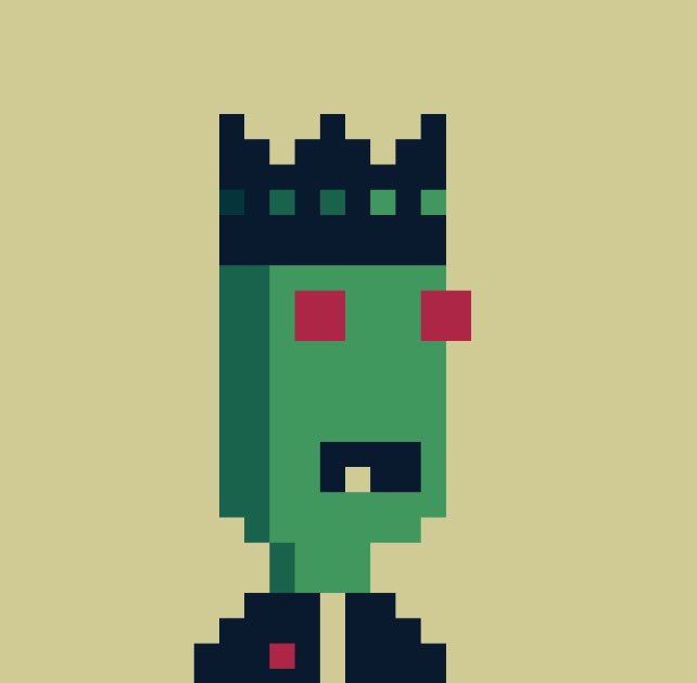 The image features a green robot with red eyes that appears to be wearing a crown. The robot has a face with two large eyes and a small nose, giving it an anthropomorphic appearance. It's standing upright against a yellow background, which contrasts nicely with its green color. The caption of the post reads "Gm #NFT CT, holding @nebula_bits is the ALPHA of today Alien tek so advanced is will blow your mind, no probing necessary Follow @0xDonCrypto DYOR".