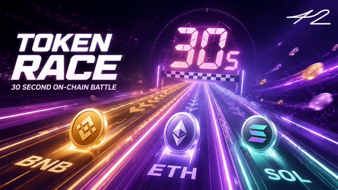 A vibrant promotional graphic titled 'TOKEN RACE - 30 SECOND ON-CHAIN BATTLE' features a neon-lit racing track with the BNB, ETH, and SOL cryptocurrency logos as competing racers, with '30s' displayed prominently on a countdown timer.