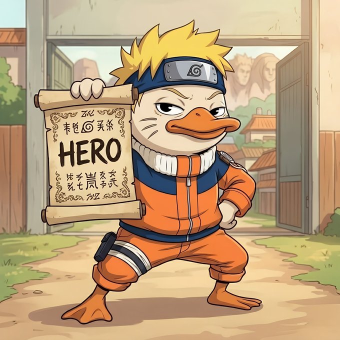 The image features a cartoon duck standing next to a sign that says "HERO" written in an Asian script. The duck appears to be holding a paper with the words "HERO" written on it, possibly indicating that the character is promoting an activity or campaign related to the word "hero".