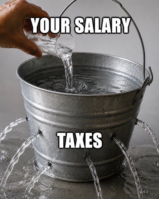 A meme image shows a hand pouring water labeled 'YOUR SALARY' into a leaky metal bucket labeled 'TAXES', illustrating money draining away.