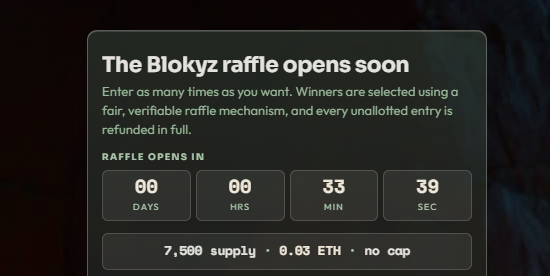 A countdown timer interface titled "The Blokyz raffle opens soon" displays 00 days, 00 hours, 33 minutes, and 39 seconds remaining, with details showing 7,500 supply at 0.03 ETH with no cap, aligning with the post announcing the 2 PM UTC raffle start time for the OriginalBlokyz collection.