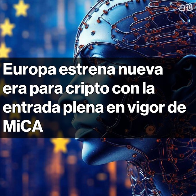 An AI-generated image of a humanoid head with circuitry overlaid, with text reading 'Europa estrena nueva era para cripto con la entrada plena en vigor de MiCA'.