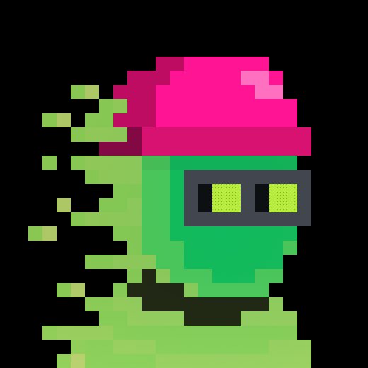 Pixel art depicting a green, glitchy character wearing a pink beanie and futuristic goggles against a black background.