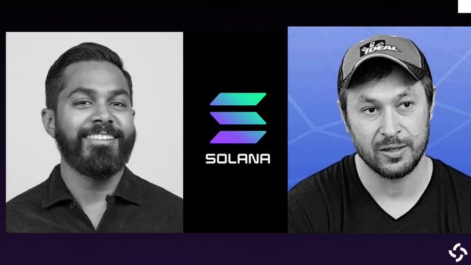Two men appear in a split-screen interview graphic with the Solana logo centered between them. The image accompanies a post comparing six years of TowerBFT with six hours of Alpenglow and asking whether to wait for the first successful Alpenglow epoch change.