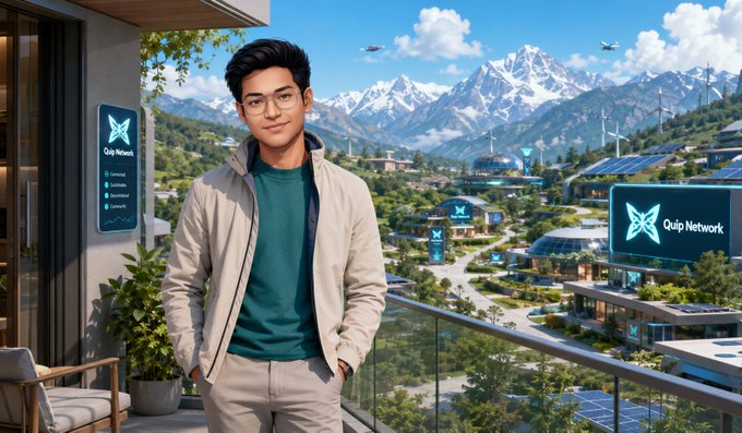 An AI-generated image of a man in glasses and casual clothing standing on a balcony overlooking a futuristic green city with Quip Network signage, solar panels, and snow-capped mountains.
