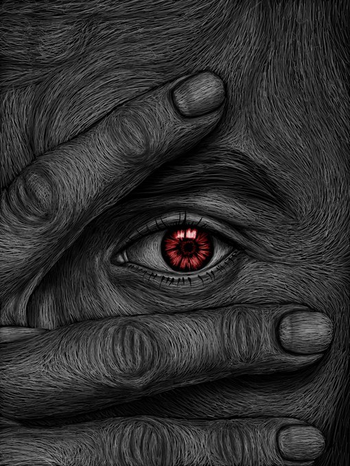 A stylized black-and-white digital illustration of a hand covering a face, with a striking red eye peering through the fingers, resembling the Uchiha clan symbol.