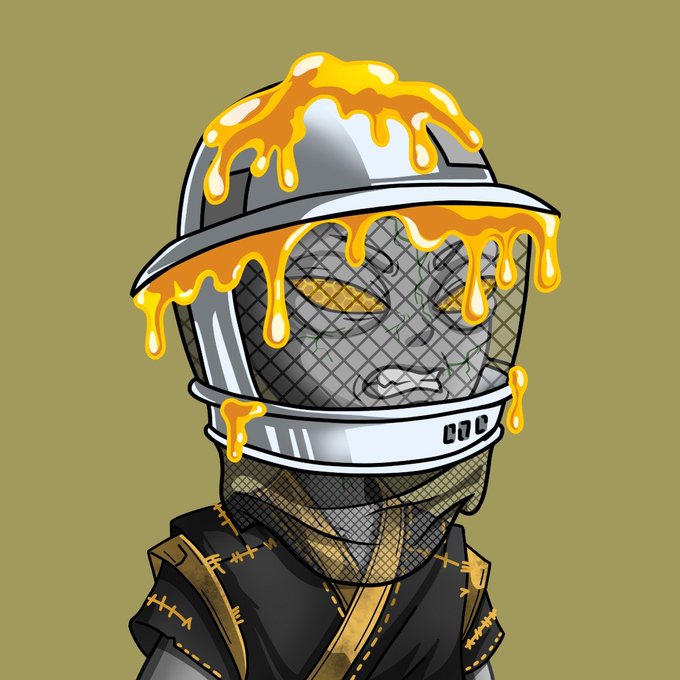 A cartoon knight wearing a grey helmet and black-and-gold armor has thick orange honey dripping down the dome and visor of his helmet, illustrating the cryptic "FULE" NFT project referenced in the "SOLD OUT" OpenSea collection promo.