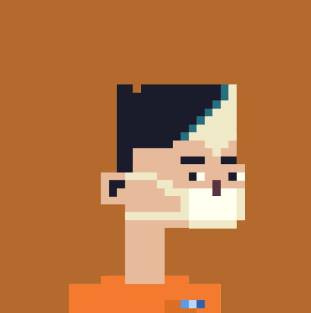 A pixel art illustration of a character with dark hair, white beard, and orange clothing against a brown background.