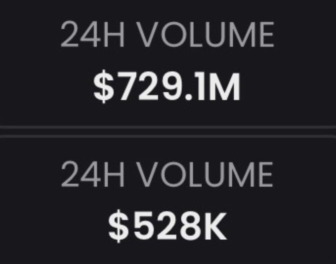 A dark screenshot displaying two 24-hour trading volumes: $729.1M for one asset and $528K for another.