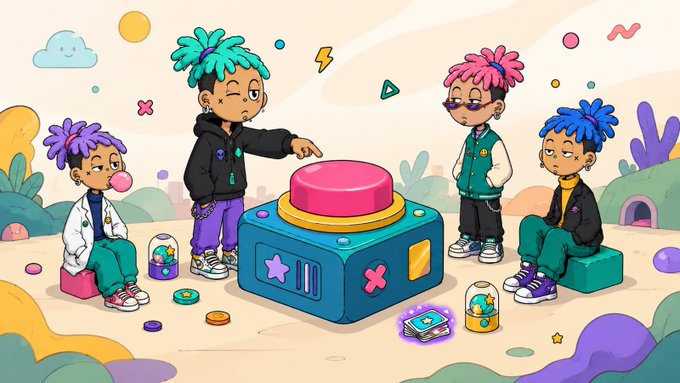 The image features a cartoon scene of four kids sitting around a table with a pink button machine. The children are engaged in playing with the buttons, which appear to be part of an interactive game or toy. One child is standing next to the machine while another one sits on the ground nearby. A third child is seated at the table and appears to be looking at something off-camera. The fourth child is sitting on a chair near the edge of the image.