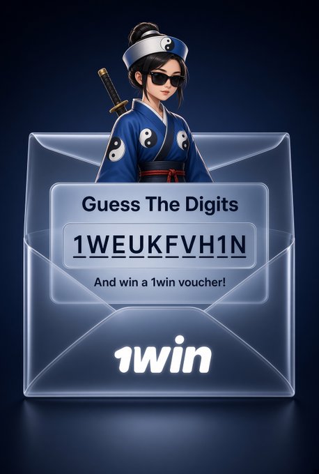 An anime-style character in a blue yin-yang patterned kimono and sunglasses stands behind a glowing envelope displaying "Guess The Digits 1WEUKFVH1N And win a 1win voucher!" with the 1win logo below. The post appears to be analyzing the code "1WEUKFVH1N" shown in the envelope, using the asterisk-marked blanks to help deduce the missing digits.