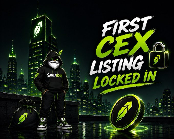 Crypto promotional graphic reading 'FIRST CEX LISTING LOCKED IN' featuring a hooded character labeled 'SANTAHOOD' against a green city skyline with a leaf-logo coin.