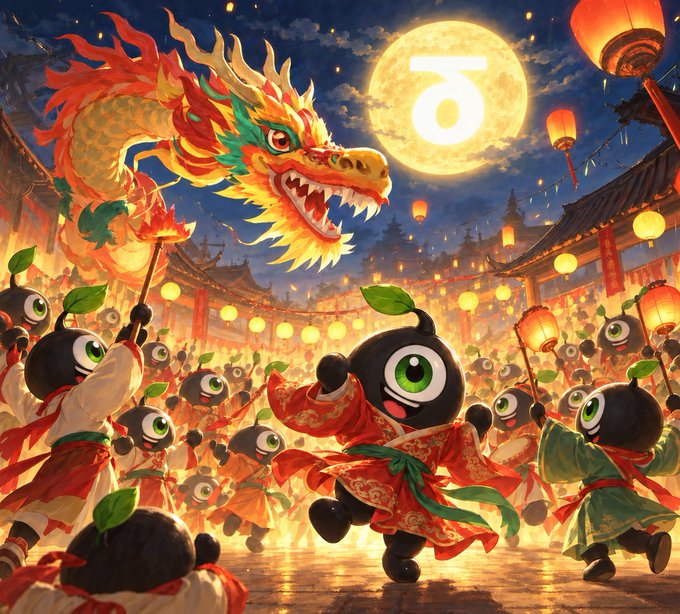 A vibrant digital illustration of cute black bomb-like characters with green eyes celebrating at a Chinese festival, featuring a colorful dragon dance, red lanterns, and a large moon with an 'a' logo.