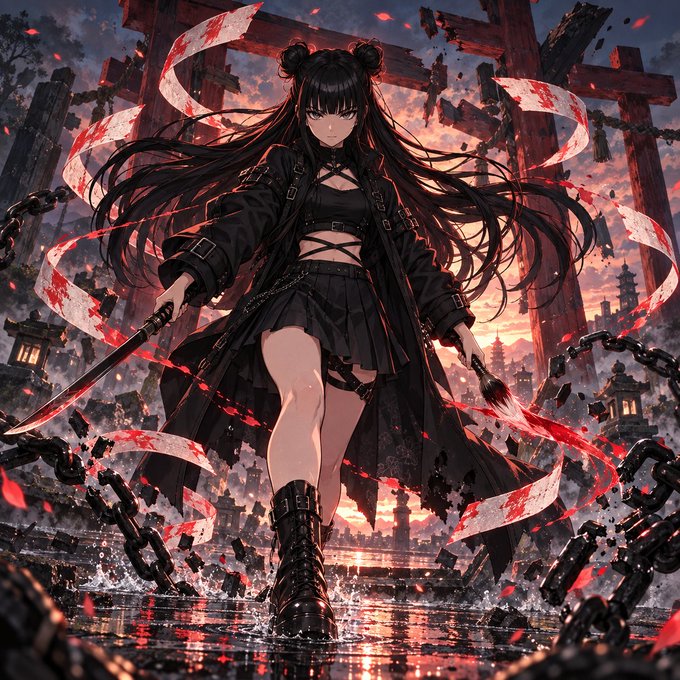 An anime-style illustration of a dark-haired girl in a black gothic outfit wielding a katana, surrounded by chains and red glowing ribbons against a backdrop of traditional Japanese torii gates.