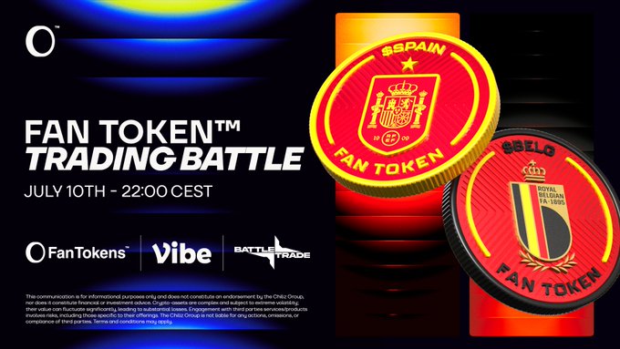 The image is a promotional graphic for a "Fan Token™ Trading Battle" event featuring SSPAIN and $BELGIUM fan tokens, scheduled for July 10th at 22:00 CEST, in partnership with FanTokens, Vibe, and Battle Trade.

The graphic directly supports the post by announcing the upcoming second half of the fan token trading battle between Spain and Belgium, with Vibe as the platform hosting the competition.