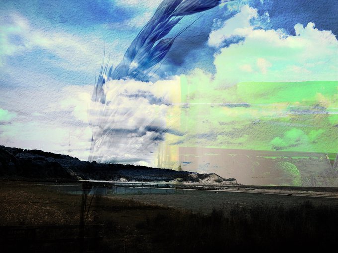 An abstract, double-exposure style landscape photograph blending a cloudy sky, a coastal road, and green-tinted textures and reflections.
