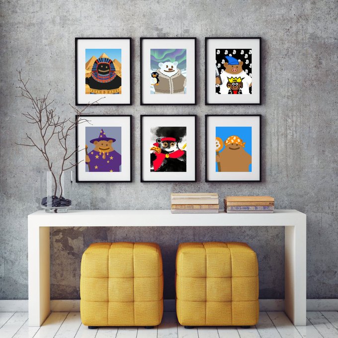 The image shows a white table with two yellow ottomans, one of which has a picture of a snowman on it. There are six pictures hanging above the table, including a snowman, a cat, an elephant, a bear, a person in a hat and scarf, and another snowman. The text "Airdrop Announcement: 200 PFPs Wallet snapshot: June 20 at 12 PM UTC Holding $GRIZZY = eligible No minimum amount of $GRIZZY required to qualify 50 PFPs guaranteed for the top 50 holders" is also present in the image, suggesting that this could be a promotional post or advertisement related to an upcoming event.
