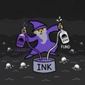 A small pixel-art icon depicting a purple ink bottle character wearing a witch hat, holding a 'PUMP' sign and sitting on an ink labeled 'INK', surrounded by skulls in a dark setting.