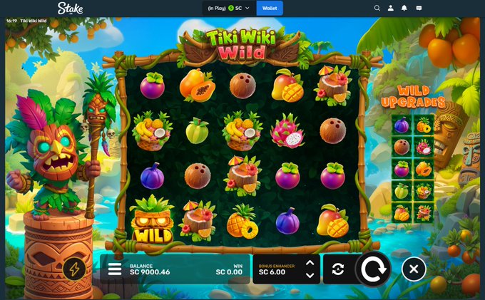 A colorful screenshot of the slot game "Tiki Wiki Wild" by ValkyrieXStudio on Stake.com, showing tropical fruit symbols on a bamboo-framed grid with a balance of SC 9000.46 and a SC 0.00 win, tying directly into a giveaway promotion for the game's launch.
