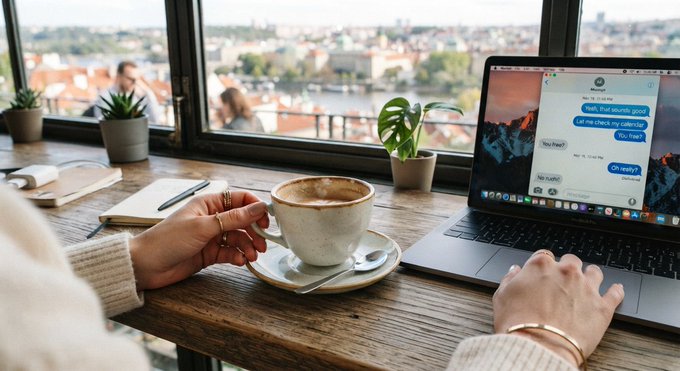 A lifestyle photograph shows hands holding a cappuccino on a wooden café table next to a laptop displaying a chat conversation, with a scenic city view of red rooftops and a river through the window.