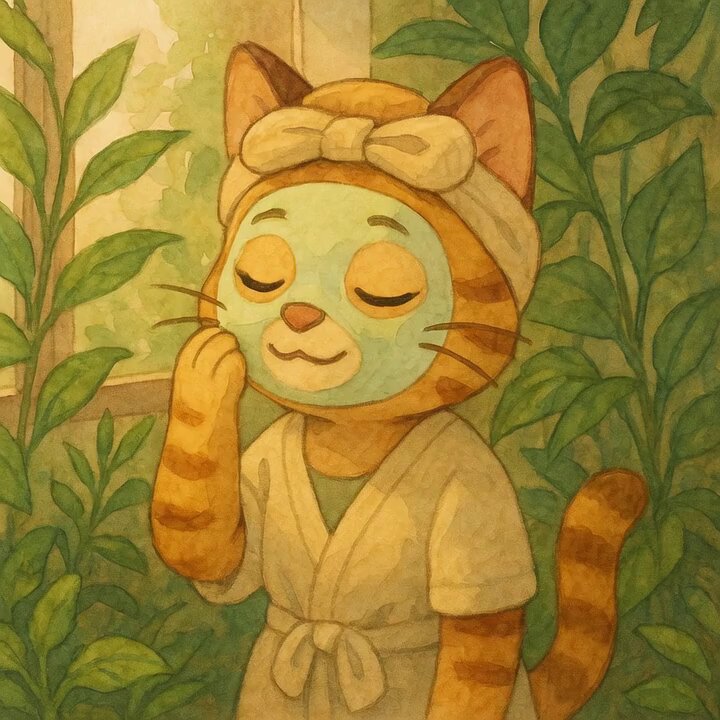 The image features a cartoon cat wearing a face mask, sitting next to some plants or flowers. The caption of the image reads "Prime afternoon purrfection. $CWIF", which seems to be a reference to the artist's work or possibly an advertisement for their art.