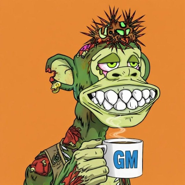 A cartoon illustration of a green zombie monkey with a spiky virus-like growth on its head, grinning widely while holding a steaming white mug with "GM" printed in blue letters.