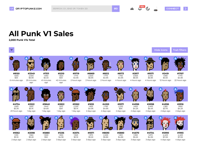 A webpage from cryptopunks.com displaying a grid of recent CryptoPunk V1 NFT sales, showing pixel-art avatars with their token IDs, prices in ETH, and sale times.
