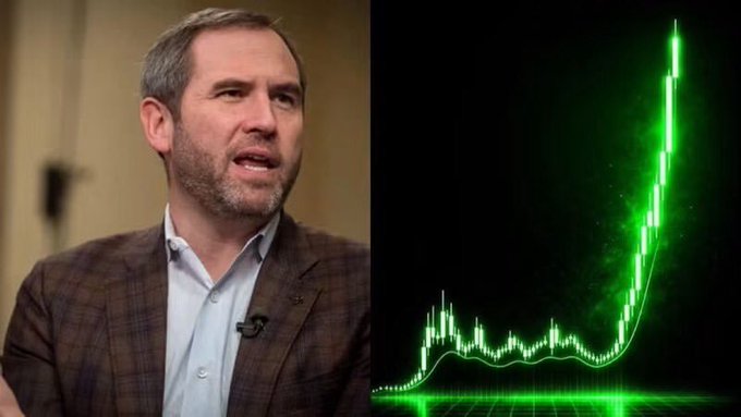 Brad Garlinghouse appears in a split-screen alongside a sharply rising green price chart, visually reinforcing speculation that XRP could surge to extraordinary levels if it becomes integrated into America's banking system.